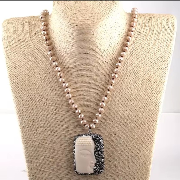 Ethnic Buddha Luck Gayatri Cream Beaded Long Crustal Necklace - Picture 2 of 4